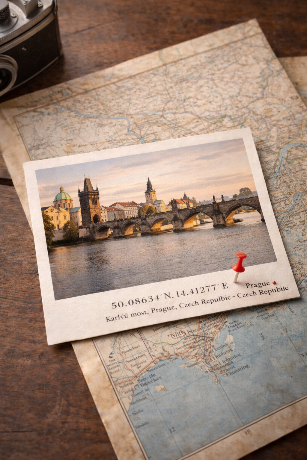 Postcard of Prague with a map in the background